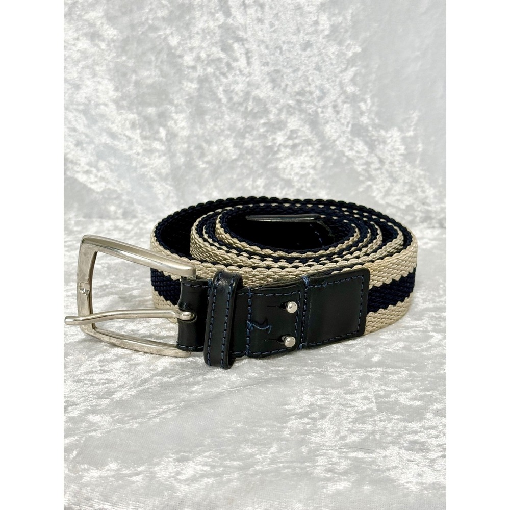 Stefano Corsini Italian Mens Woven Belt Navy Tan Striped Reversible Stretch36-38